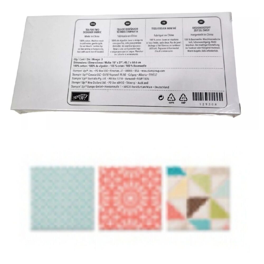 Stampin'‎ Up! TEA FOR TWO Designer Fabric 3 Fat Quarters 18 x 27 NEW Sealed